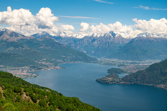 A view of Lake Como, photographed in Plesio, with the panorama, villages, mountains, and the two branches of the lake.