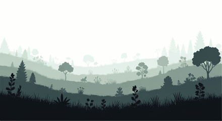 Vector flat design illustration of a misty forest landscape with rolling hills and silhouetted trees in muted green © denigraphic