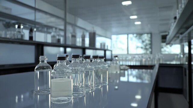 Row of transparent glass bottles containing a clear liquid. Lined up on a reflective counter in a modern laboratory. Representing scientific research. Pharmaceutical development. And chemical analysis