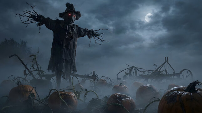 Spooky scarecrow stands guard over a foggy pumpkin patch under a moonlit sky