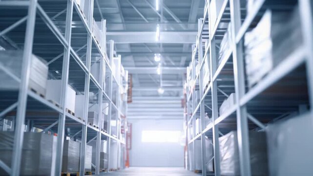 Long aisles of high shelves filling a bright, well lit warehouse, holding palleted boxes and wrapped products, emphasizing supply chain logistics and efficient distribution
