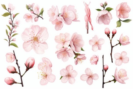 Watercolor style sakura flowers and buds with branches on a white background