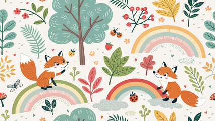 Fototapeta premium Seamless pattern with cute foxes, rainbows, trees, and forest elements in a whimsical handdrawn style for childrens fabric and wallpaper