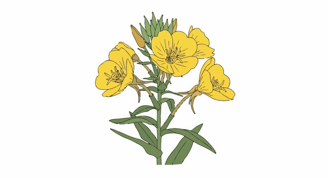 Stylized illustration of a yellow evening primrose plant with green leaves