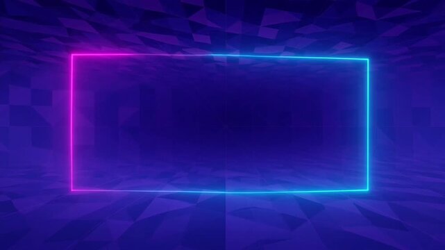 Neon lit rectangular frame on geometric purple background with blue accents