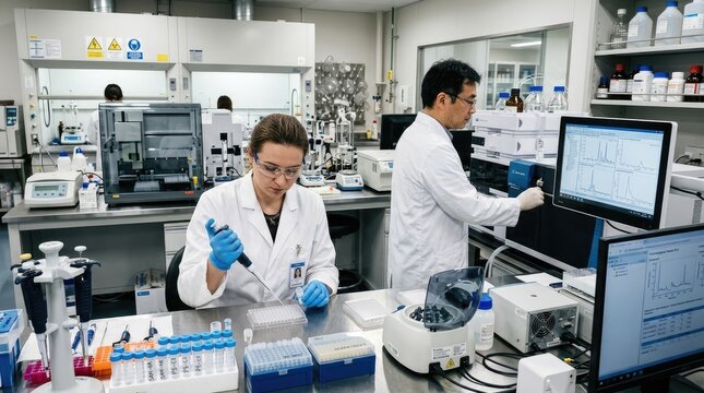 Two scientists work together in a modern laboratory.