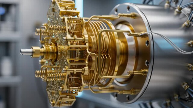 Close up video of futuristic quantum computer gold circuitry glowing with blue lights in high tech lab