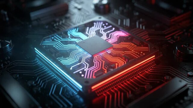 Futuristic glowing computer chip with blue and red neon circuits on advanced sleek motherboard technology