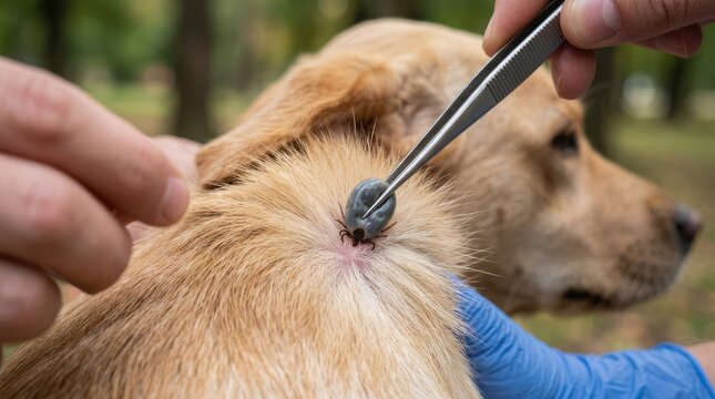 A person is carefully removing a tick from a golden retriever dog's back. The person is wearing blue gloves and using a tick removal tool.