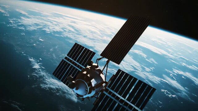 Satellite is deploying solar panels as it orbits the earth, providing essential services like telecommunications, internet, navigation, and weather forecasting from space for a connected world