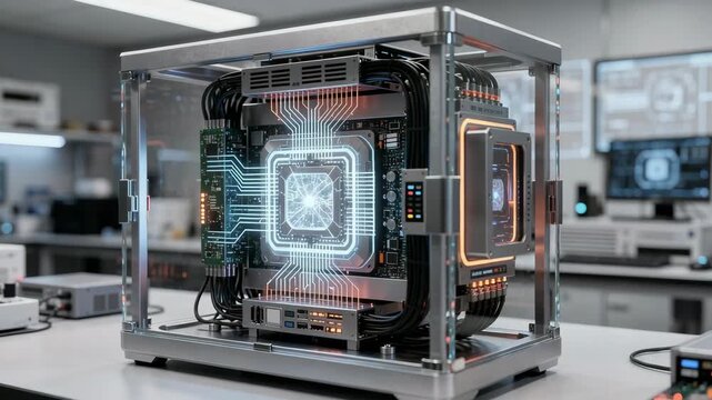 Futuristic quantum computer glowing with dynamic circuits powering data flow in a high tech lab environment