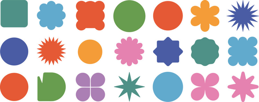 Colorful abstract geometric shapes collection, circle square flower starburst icons, vector design elements for background, decoration and graphic pattern