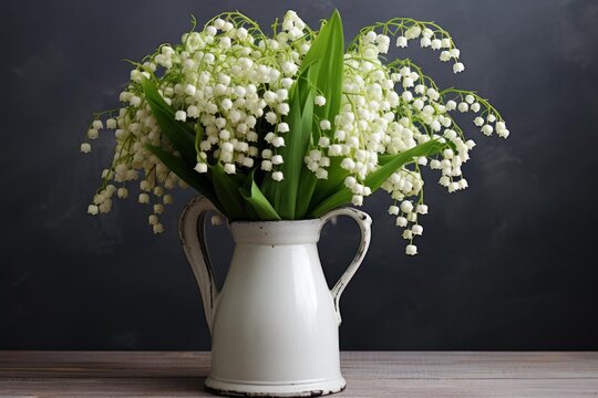 Lily of the valley flowers blooming in a rustic white pitcher on a wooden table