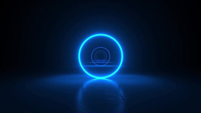 Futuristic 4K neon blue circle tunnel animation, glowing ring light background, abstract Sci Fi Portal motion graphics, retro synthwave loop, technological infinite corridor.