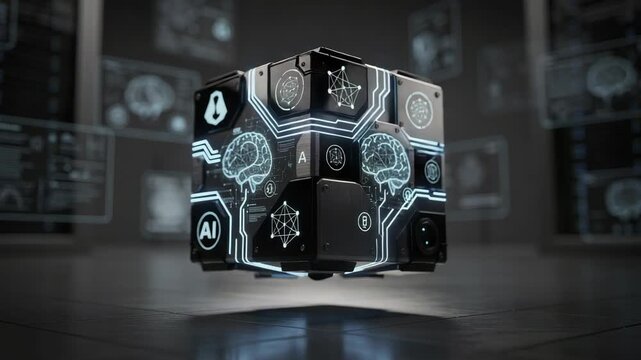 Futuristic glowing cube with neural network and AI circuits floating in high tech laboratory