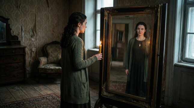 Woman looks at reflection in antique mirror in old room