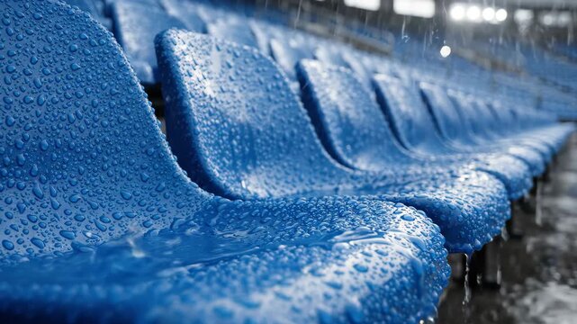 Wet blue stadium seats with raindrops close up texture
