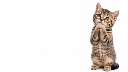 Fototapeta premium Cute begging tabby kitten with paws together on white background with copy space