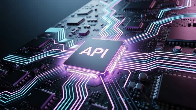 Glowing futuristic API chip on circuit board with neon blue streams digital technology concept