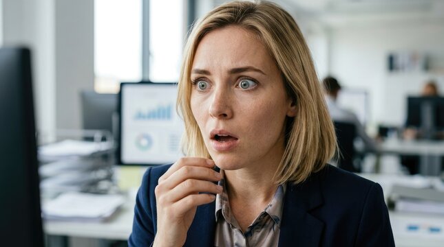 A blonde woman with short hair stares with a surprised and concerned expression at a computer screen. She wears a navy blue blazer over a pink blouse.