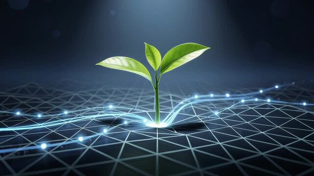 Vibrant green plant growing from digital grid with glowing data streams representing technology and nature