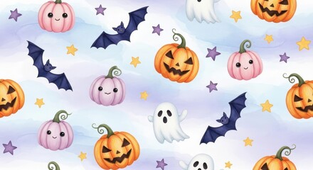 Obraz premium Cute Halloween pattern with pumpkins, bats, ghosts, and stars on a watercolor background
