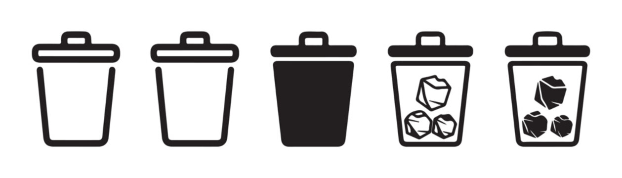 Various trash can icons for deletion and removal services representing garbage disposal and cleaning.