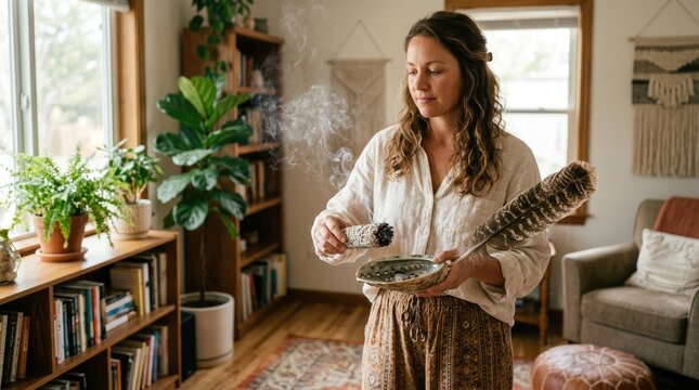 A woman is burning a bundle of sage in a shallow dish. She holds the dish with both hands and focuses on the smoke rising from the herbs.