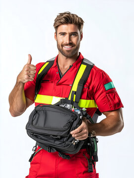 Young caucasian male paramedic in a red uniform giving a thumbs up isolated on white