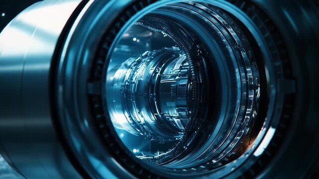 Complex machine engine components glowing with blue light, illustrating advanced energy production and scientific innovation for future power systems and technological progress