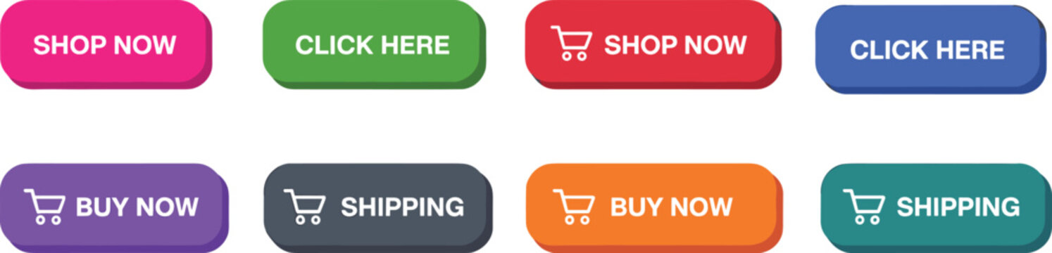 Colorful web buttons collection, shop now click here buy now shipping, e-commerce UI design elements, online store call to action