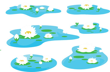 Fototapeta premium Set of Hand-Drawn Ponds with Water Lilies and Lily Pads, Minimalist Nature Illustration Collection for Garden and Pond Scenes