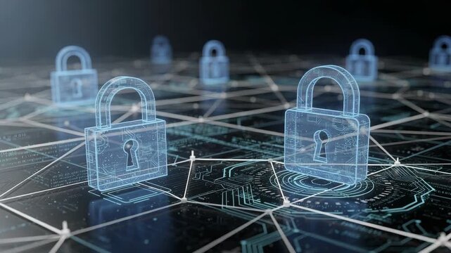 Futuristic digital network with glowing padlocks securing interconnected data nodes in cyber security concept