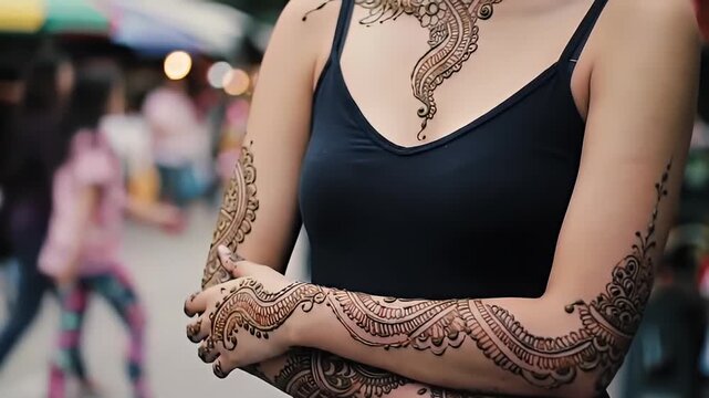 Torso view of a woman in a tank top with arms crossed, henna designs on skin