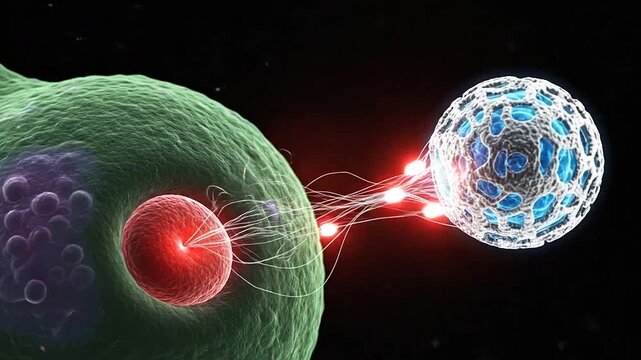 Microscopic view of a large cell interacting with a smaller cellular structure