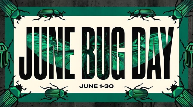 Bold June Bug Day Typography Poster with Wing Texture Block Letters and High Contrast Insect Design