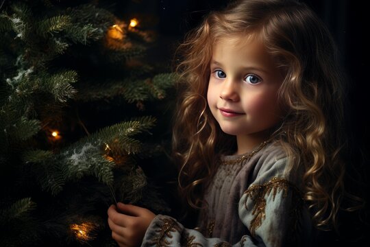 Young girl smiling, finding wonder in festive glowing christmas tree lights