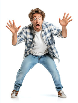 Terrified young caucasian man jumping and screaming isolated on a white background