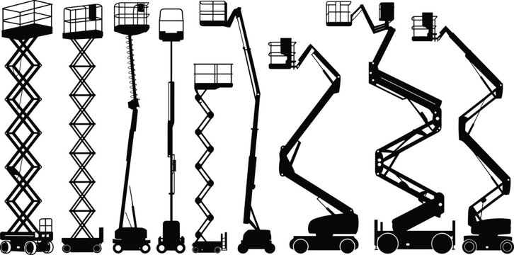 Construction aerial work platform lift equipment silhouettes set isolated flat vector illustration