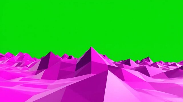 An abstract low-poly pink and purple landscape with a green screen sky