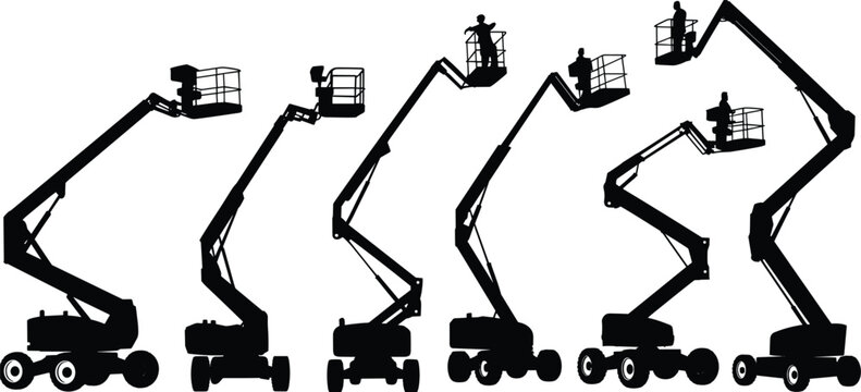 Construction boom lift, aerial platform, hydraulic arm, heavy equipment, industrial vehicle, flat vector