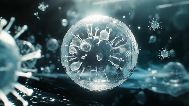 Numerous translucent microorganisms floating in a liquid environment, representing an abstract concept of health threats, illness, and viral contamination on a cellular level