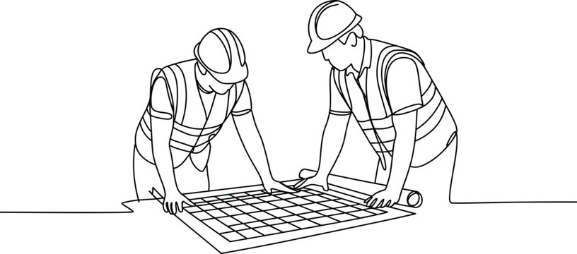 Construction engineers reviewing blueprint flat vector illustration, teamwork planning project design