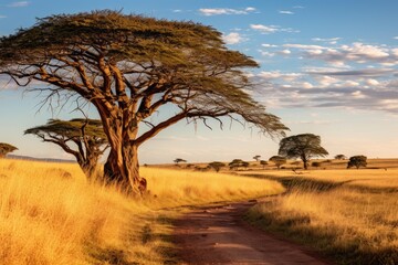 Obraz premium Dirt path winding through vast savanna with acacia trees under a partly cloudy sky