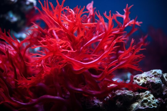 Vibrant red seaweed thriving in a healthy marine ecosystem