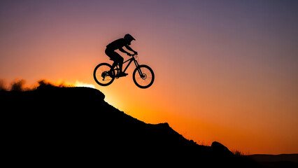 Obraz premium Ciclista profesional de MTB saltando contra el cielo naranja del atardecer, concepto de libertad y adrenalina