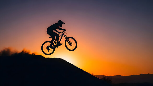Silueta de ciclista de monta&ntilde;a realizando un salto alto al atardecer, aventura de deportes extremos.