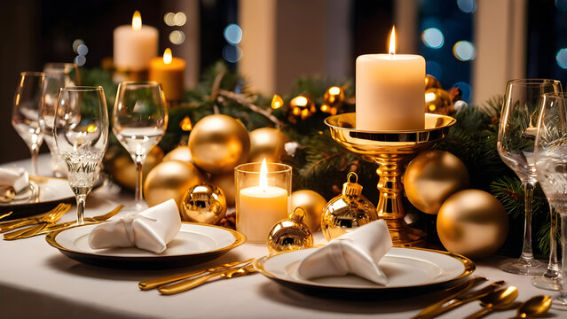 Elegant Christmas party table setup with candles and golden decorations luxury festive dinner style