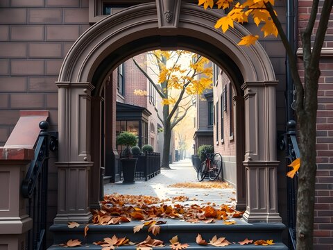 Frame Within Brownstone Stoop Archway Revealing Autumn Brooklyn Street Beyond