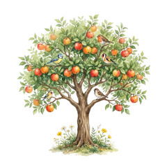 Fototapeta premium Watercolor illustration of a mature apple tree laden with ripe fruit and small birds